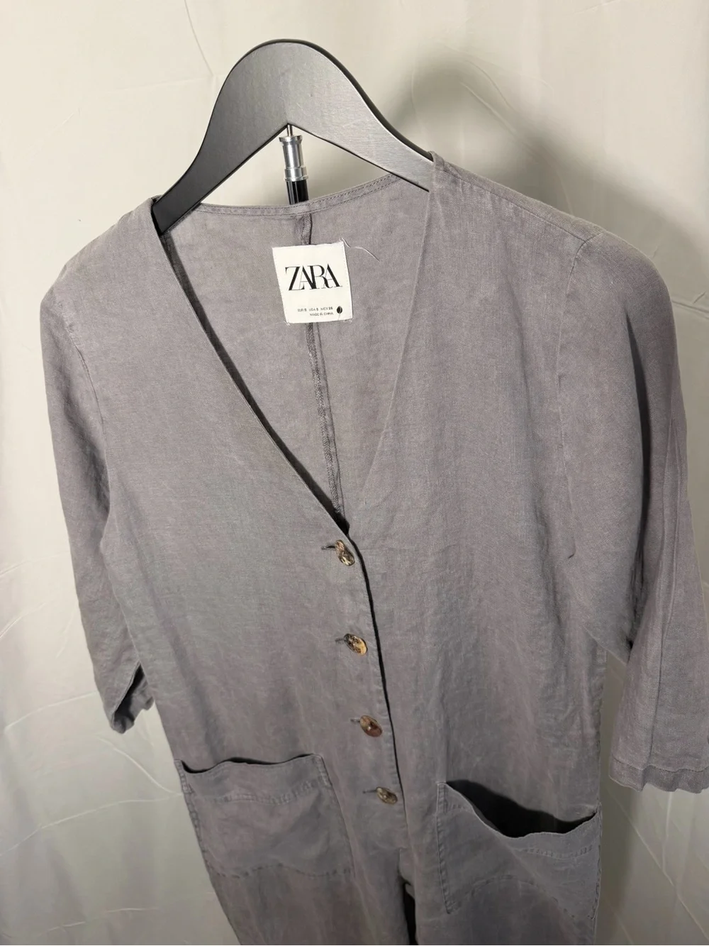 ZARA Light Gray Linen Button Front Jumpsuit